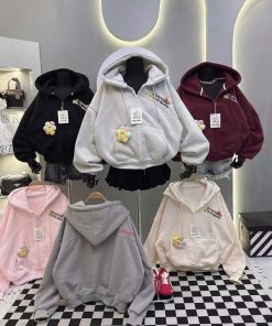 Áo Khoác Hoodie Nỉ Xk Có Dây Kéo Phao Có Túi Trong Gắn Charm Bông Hoa - Htm Fashion