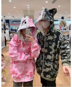 Áo Khoác Hoodie Nỉ Rằn Ri Cặp Đôi Nam Nữ Có Nón Tai Mèo - Htm Fashion