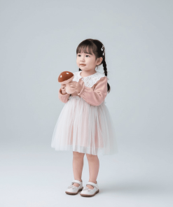 Váy Bé Gái Hồng Nhạt Phối Lưới Trắng Dài Tay Dễ Thương Cao Cấp Nous Premium Xịn Sò