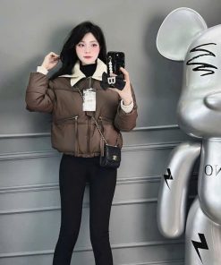 Áo Phao Da Cổ Hai Lá Túi Khóa