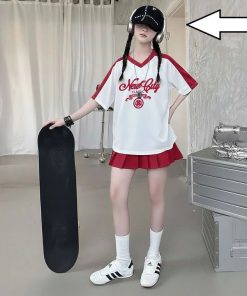 Set Váy Bé Gái Áo Thun Cotton 4C Phối Màu Chân Váy Xếp Ly Kèm Quần Năng Động Cá Tính Từ 12-45Kg Dành Cho Bé Gái