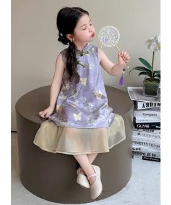 Váy Cách Tân Cổ Tàu Dáng Suông Họa Tiết Bướm Tím 1-8 Tuổi Dành Cho Bé Gái