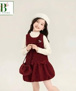 Set Đầm Nhung Đính Đá Bé Gái & Túi Đeo Tone Đỏ Từ 12-33Kg Dành Cho Bé Gái