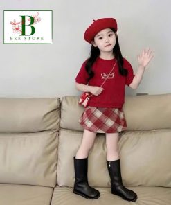 Set Váy Bé Gái Phối Nơ + Chân Váy Caro Dạ Chữ A Từ 8-45Kg Dành Cho Bé Gái