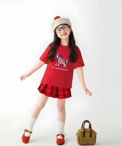 Set Váy Bé Gái Đỏ In Hình Ngựa & Nơ + Váy Caro Xếp Ly Từ 12-45Kg Dành Cho Bé Gái