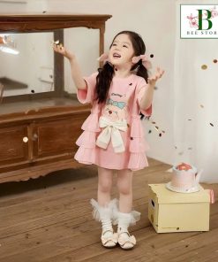 Đầm Công Chúa – Đầm Dự Tiệc Bèo Tầng In Thỏ Gấu , Nơ Bản To Từ 10-36 Kg Dành Cho Bé Gái