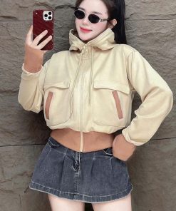 Áo Khoác Nữ Khóa Kéo Phối Túi Hộp Vải Thun Pc Mịn , Nón To Chống Nắng Tốt 2 Lớp Mẫu Mới - U675