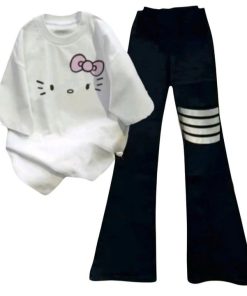 Tổng Hợp Các Sét Bộ Quần  Suông Cạp Cao + Mix Áo Phông Form Rộng Unisex - Hình Mèo Từ Chất Liệu Cotton Và Da Cá Siêu Đẹp