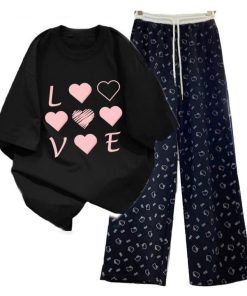 Sét Bộ Mùa Hè Quần Ống Suông Dáng Dài 95Cm+Mix Áo Phông Form Rộng Tay Lỡ - Chữ Love