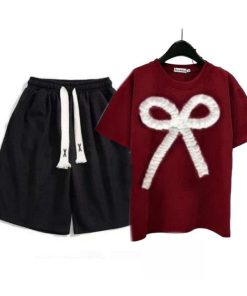 Sét Bộ Quần Cộc Trơn  + Mix Áo Phông Form Rộng Thêu Hình Nơ Dúm