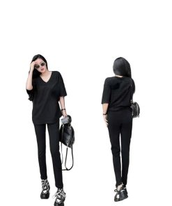 Sét Bộ Đồ Quần Legging Dài 95Cm + Mix Áo Phông Trơn Cổ Tim Form Thụng