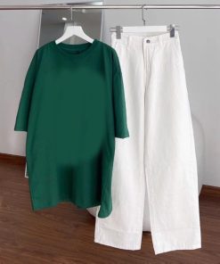 Set Kaki Trắng 1 Khuy + Áo Cotton Khô Trơn Xanh Lá
