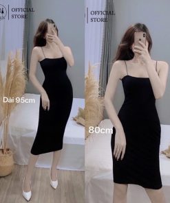 Váy 2 Dây Bún Dáng Dài Chất Tăm Lạnh Màu Đen