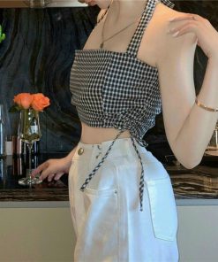 Áo Nữ Yếm Kiểu Caro Trắng Đen - Ausa House