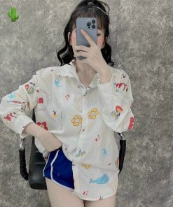 Set Đồ Nữ Áo Sơ Mi In Hình Họa Tiết Phối Quần Đùi Xanh - Ausa House