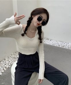 Áo Len Dài Tay Cổ Tim Phối Dây Buộc Phong Cách Hàn Quốc Sldca213 - Diepchi Fashion