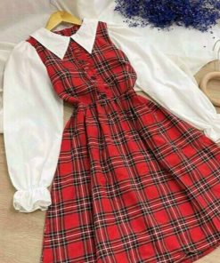 Váy Tiểu Thư Đỏ Caro Trắng Đen Phối Tay Dài Cổ Bèo  V93 - Cloudy Dress