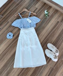 Xếp Đầm Xòe Trắng Áo Trễ Vai Bèo Tiểu Thư V63 -  Cloudy Dress