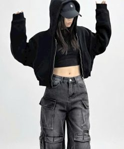 Áo Khoác Nỉ Croptop Nữ Thiết Kế Khóa Kéo Có Nón - Htm Fashion